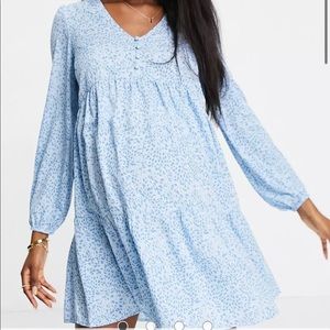 Maternity long sleeve smock dress in blue pattern